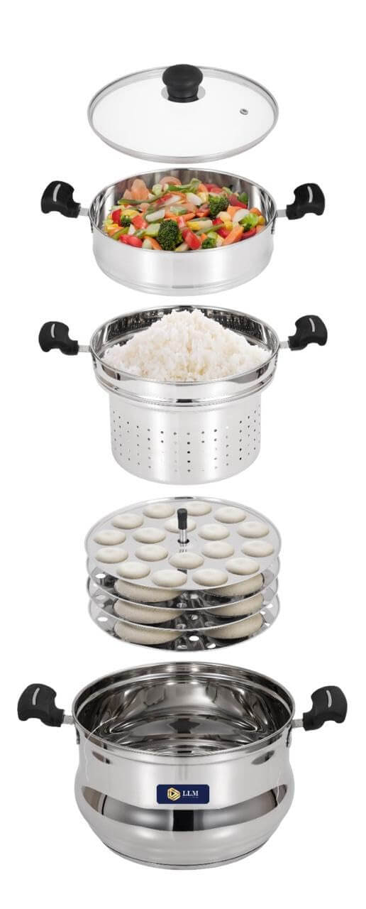 LLM Stainless Steel 5-in-1 Multi-Purpose Steamer with Idly Plates, Steamer Bowl & Strainer Bowl | Induction & Standard Idli Maker (4 Plates)