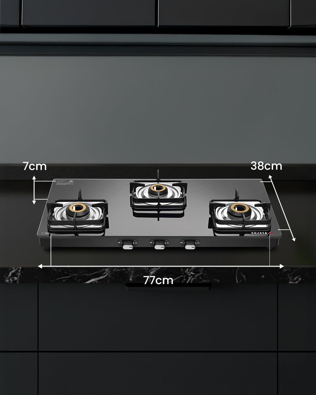 Sujata Classic AI gas stove 3 burner one touch auto ignition knobs