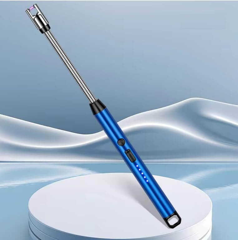 Blue electric rechargeable lighter with flexible neck and battery indicator on a reflective surface.