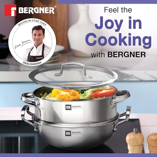 Bergner Tri-Ply Stainless Steel Cookware Set - 24cm Kadai, Steamer with Glass Lid, Induction Compatible