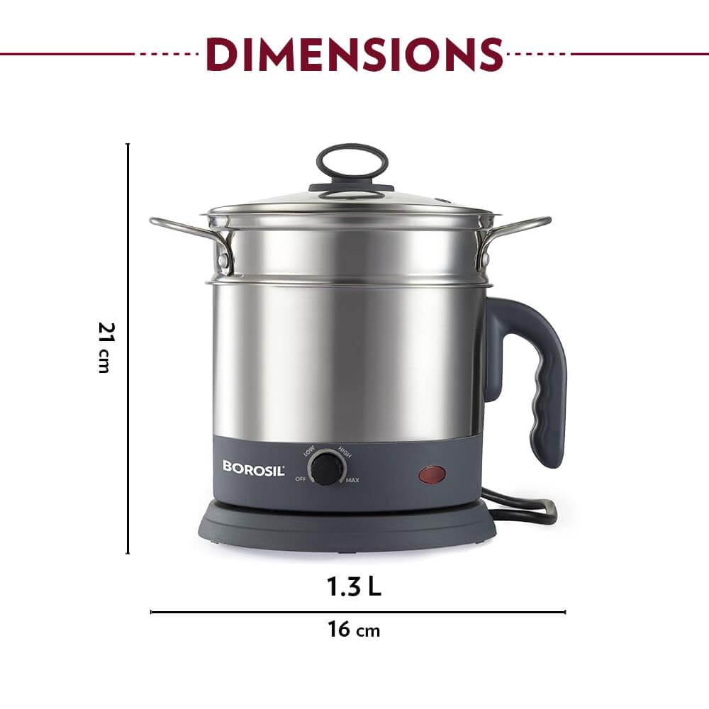 Borosil 1.3L Electric Multi Kettle with egg tray dimensions