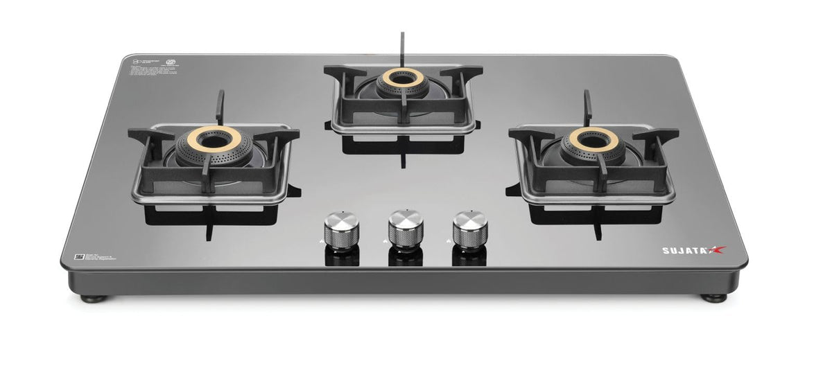 Sujata Premium 3 Burner Gas Stove with Glass Top - 9 Years Warranty - SABAF &amp; ISI Certified