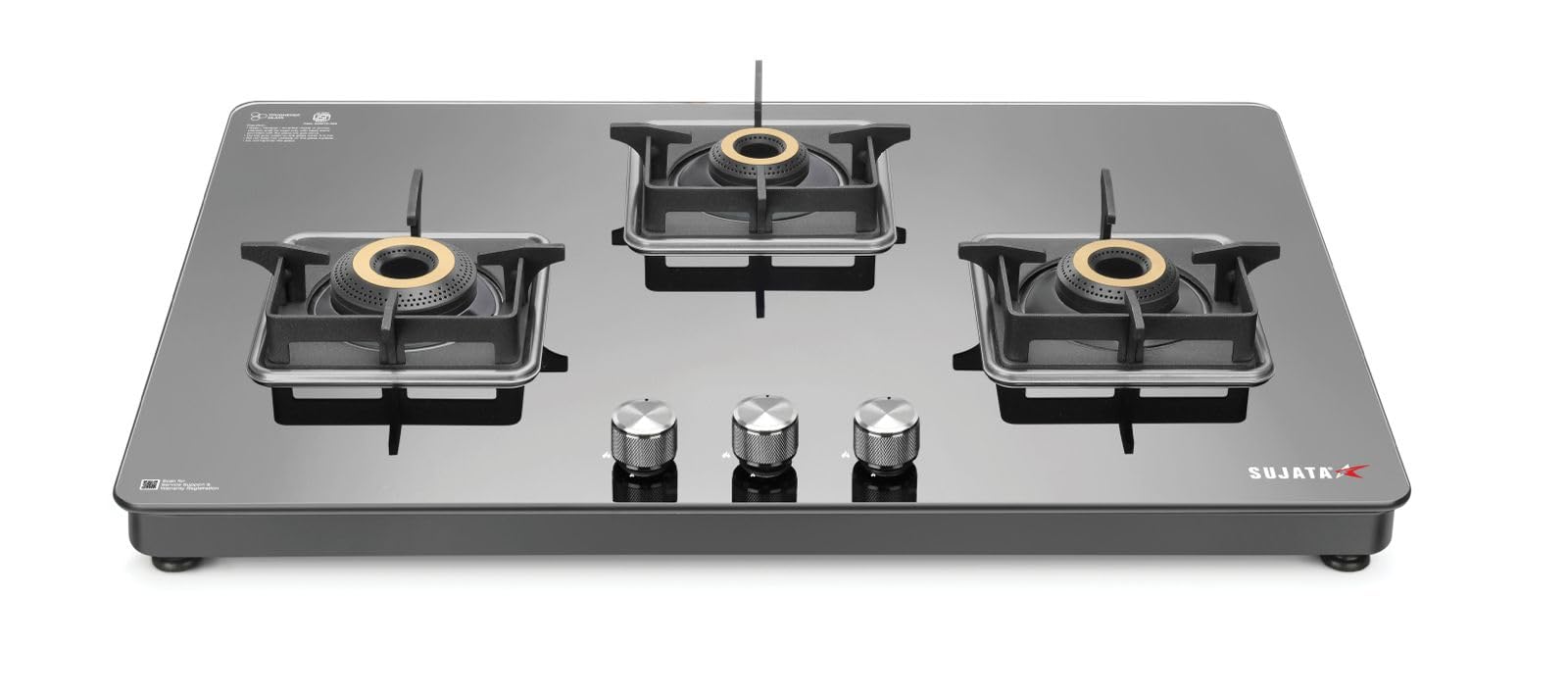 Sujata Premium 3 Burner Gas Stove with Glass Top - 9 Years Warranty - SABAF & ISI Certified