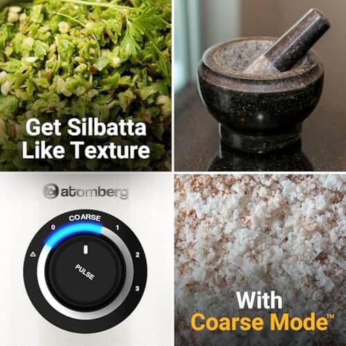 Atomberg Zenova Mixer Grinder Coarse Mode dial with sil-batta like texture ingredients and mortar stone.