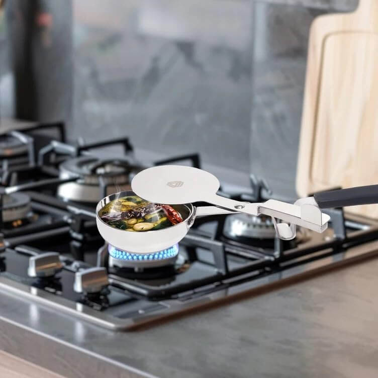 Gas stove compatible tadka pan featuring mess-free lid and comfortable grip handle for everyday cooking