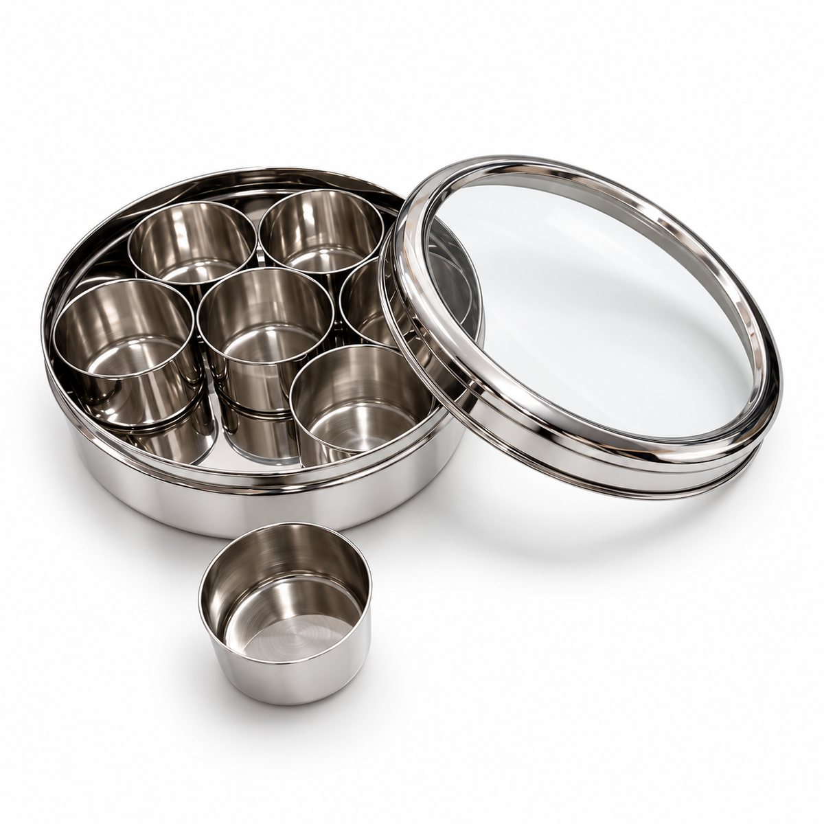 Kitchen Mart Chutki Mini Masala Box – Stainless Steel Spice Box with 7 Cups & See-Through Lid, 16.5 cm