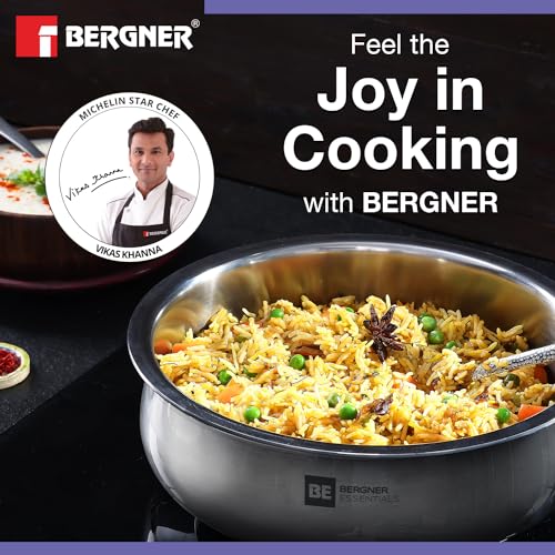 BE Bergner Essentials Tri-Ply Stainless Steel Biryani Handi with Lid, Even Heat Distribution, 5-Year Warranty