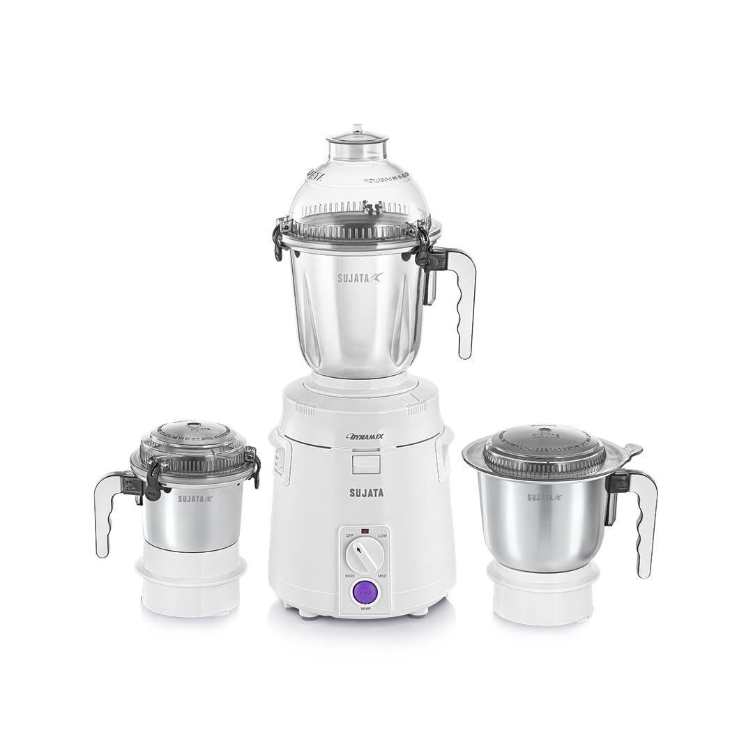 Sujata Dynamix 900W mixer grinder in white with 1.5L dome jar, 1L grinding jar and 500ml chutney jar