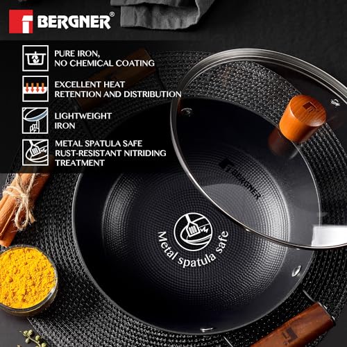 Bergner Odin 24 cm Cast Iron Kadai/Kadhai with Glass Lid, 2.2 L Capacity