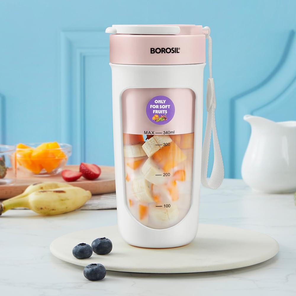 Pink Borosil portable USB blender for protein shakes and fruit smoothies
