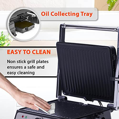 agaro Black grill with oil collecting tray and text highlighting ease of cleaning.