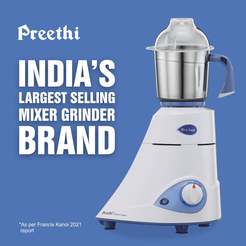 Preethi Platinum Select Mg226 Blue Leaf 750 Mixer Grinder 3 Jars, White
