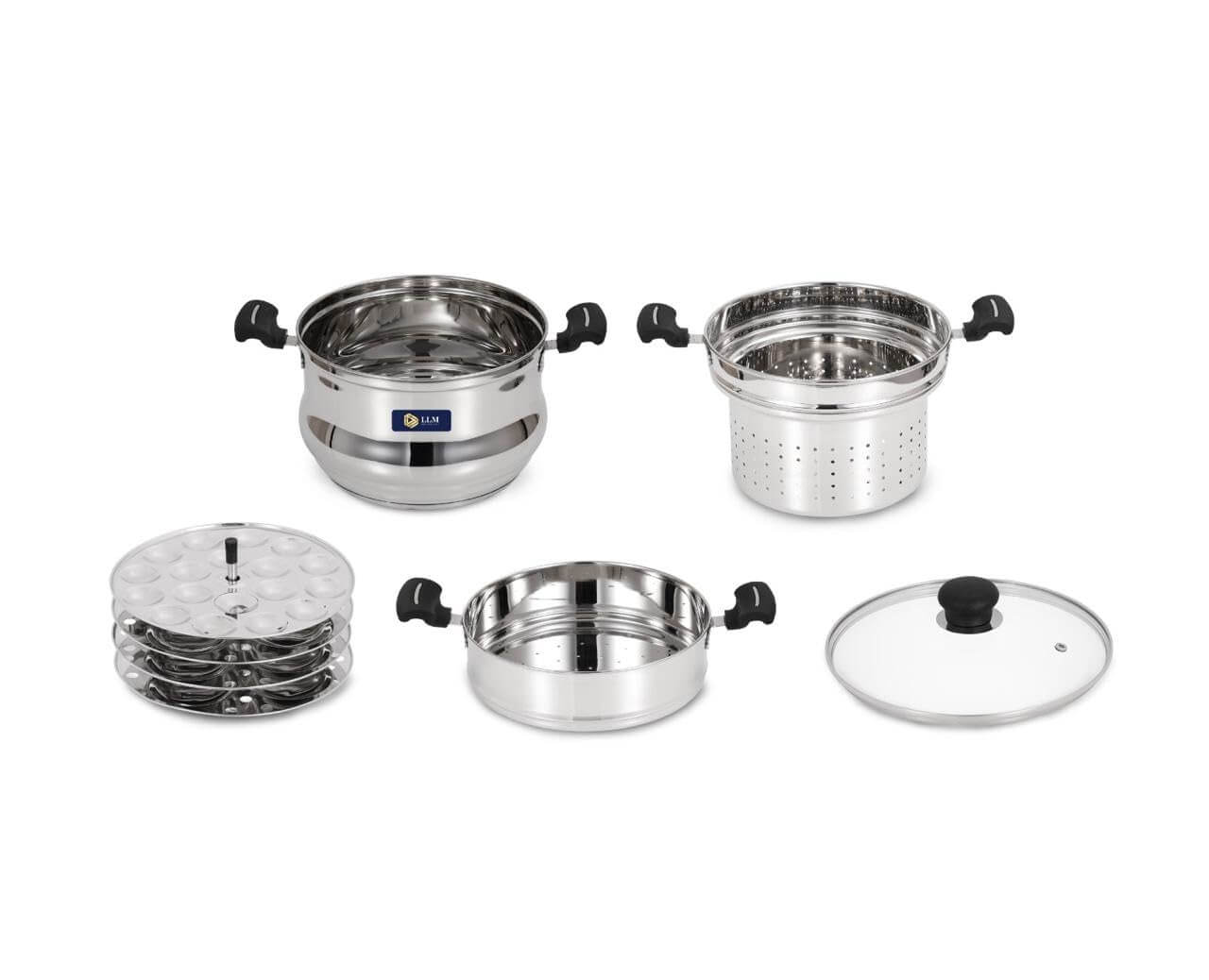 LLM Stainless Steel 5-in-1 Multi-Purpose Steamer with Idly Plates, Steamer Bowl & Strainer Bowl | Induction & Standard Idli Maker (4 Plates)