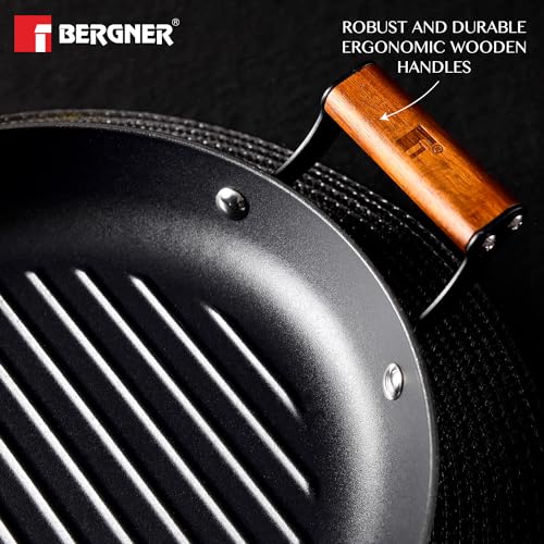 BERGNER Odin 28 cm Cast Iron Grill Plate, Round Grilled Plate with Wooden Coated Handle