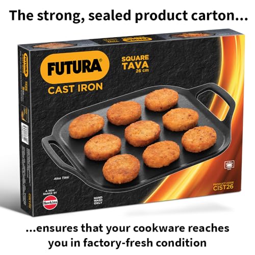 Hawkins Futura 26 cm Cast Iron Square Tava, Cast Iron Tawa for Pathri, Cast Iron Cookware for Kitchen (CIST26)