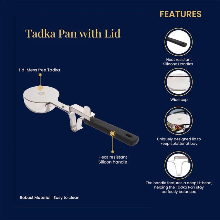 Indian kitchen tadka pan with U-bend handle design and dishwasher-safe stainless steel construction
