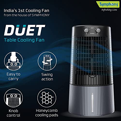 Symphony Duet Personal Tower Cooling Fan For Home and Office with Honeycomb Pad, Powerful Blower, Auto Rotation and Low Power Consumption (6L, Grey)