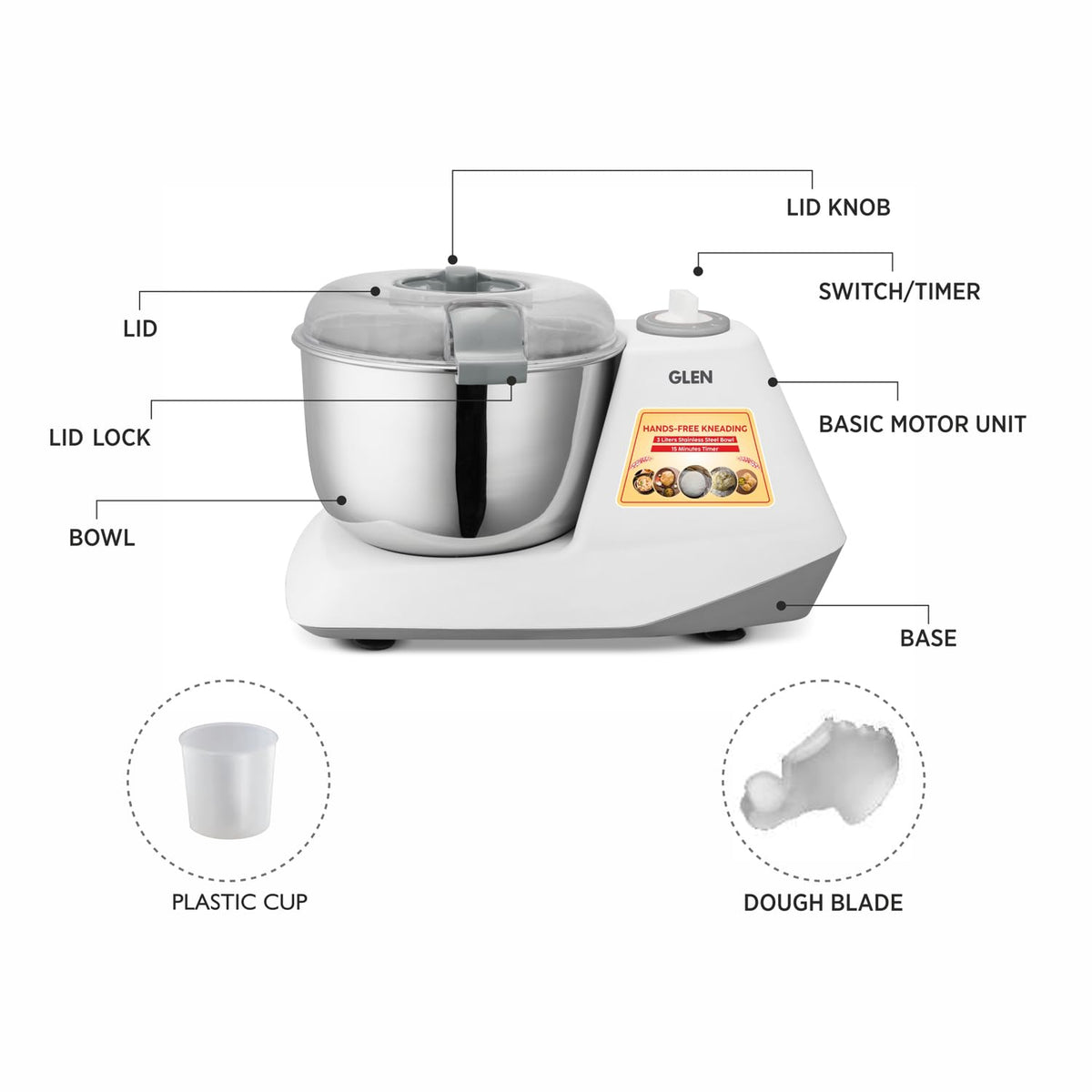 Glen SA-3032DM automatic atta kneader white body silver bowl side view