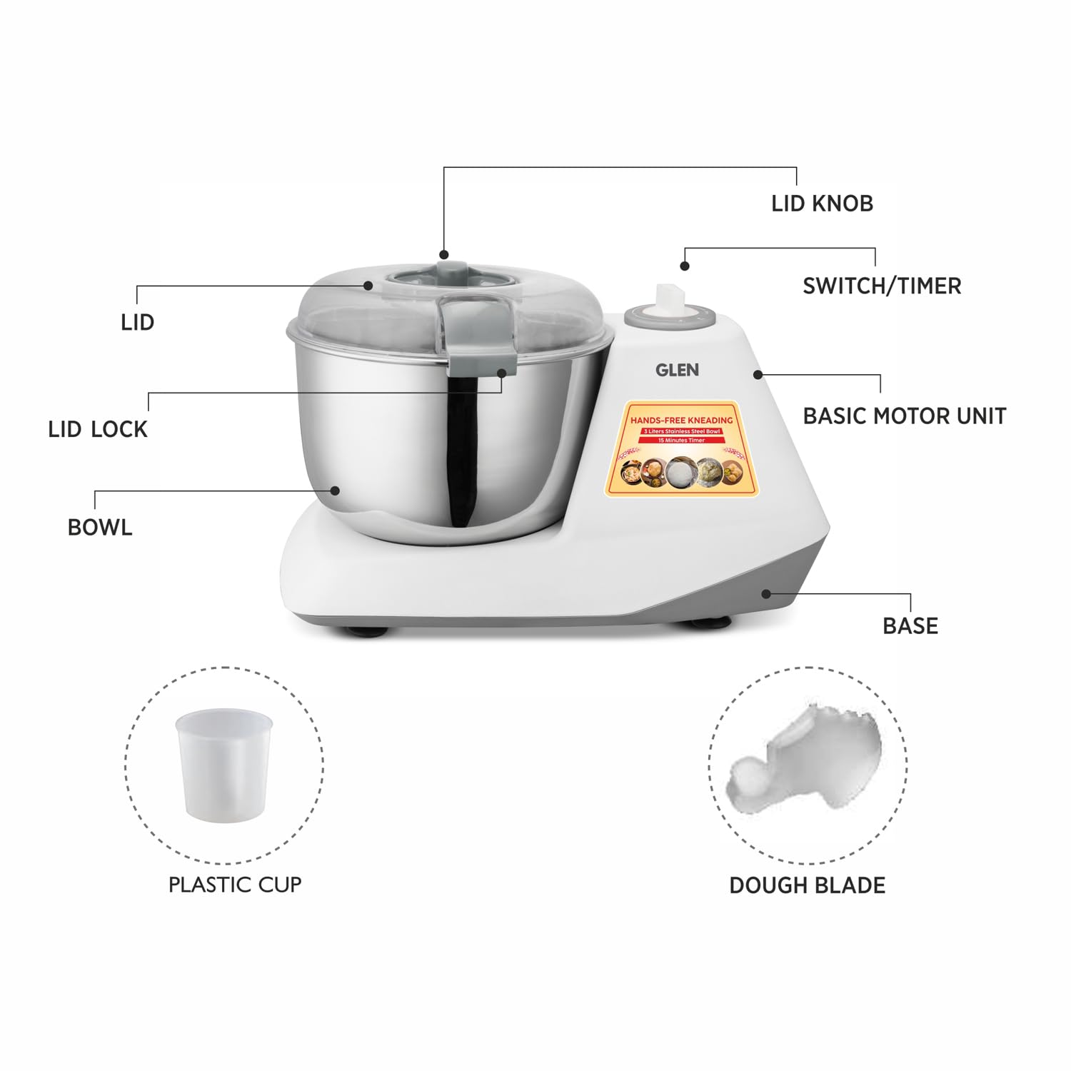 Glen SA-3032DM automatic atta kneader white body silver bowl side view