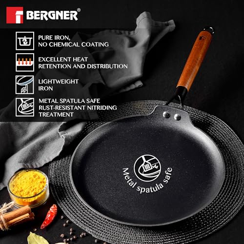 BERGNER Odin 31 cm Cast Iron Dosa Tawa with Wooden Handle, Big Size