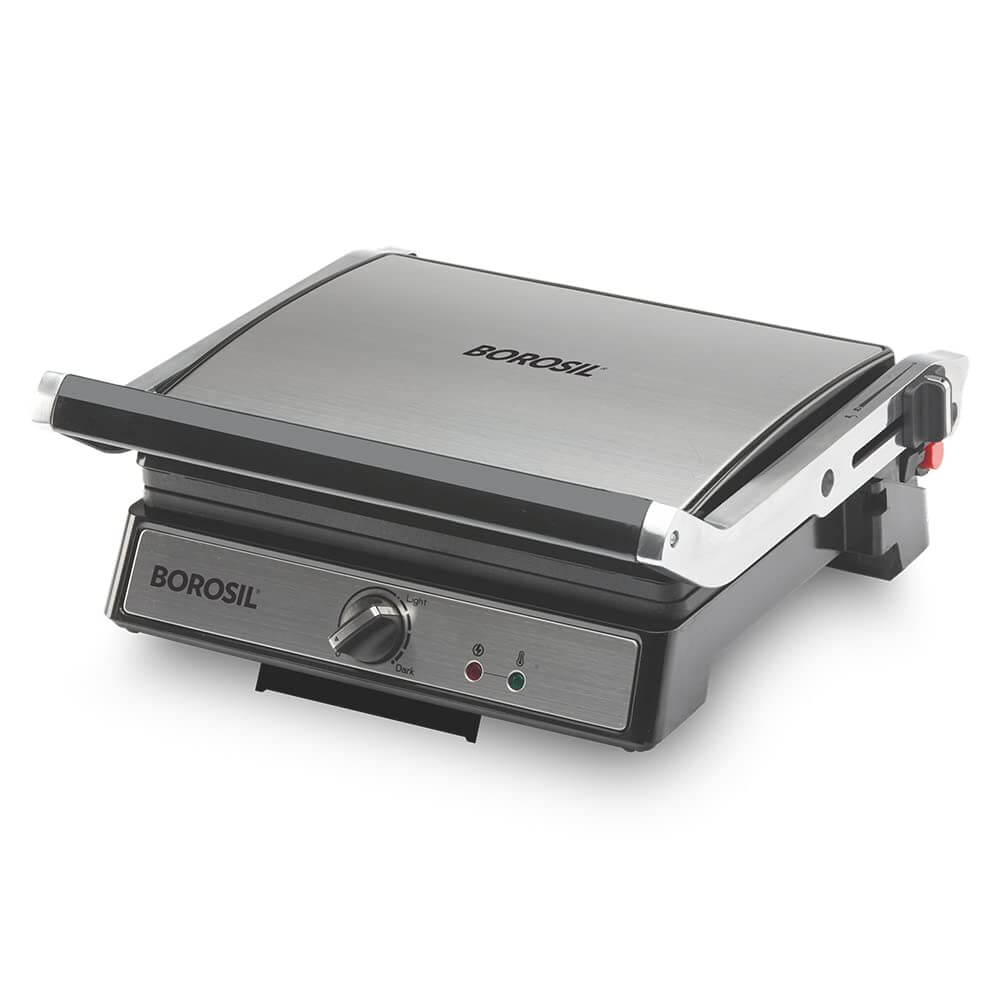 Borosil Super Jumbo 4-Sandwich Grill Maker, 2000W electric toaster with non-stick surface and 180° opening design.