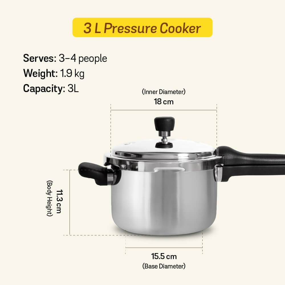 Meyer Presta tri-ply pressure cooker pair showing 2 liter and 3 liter capacity models