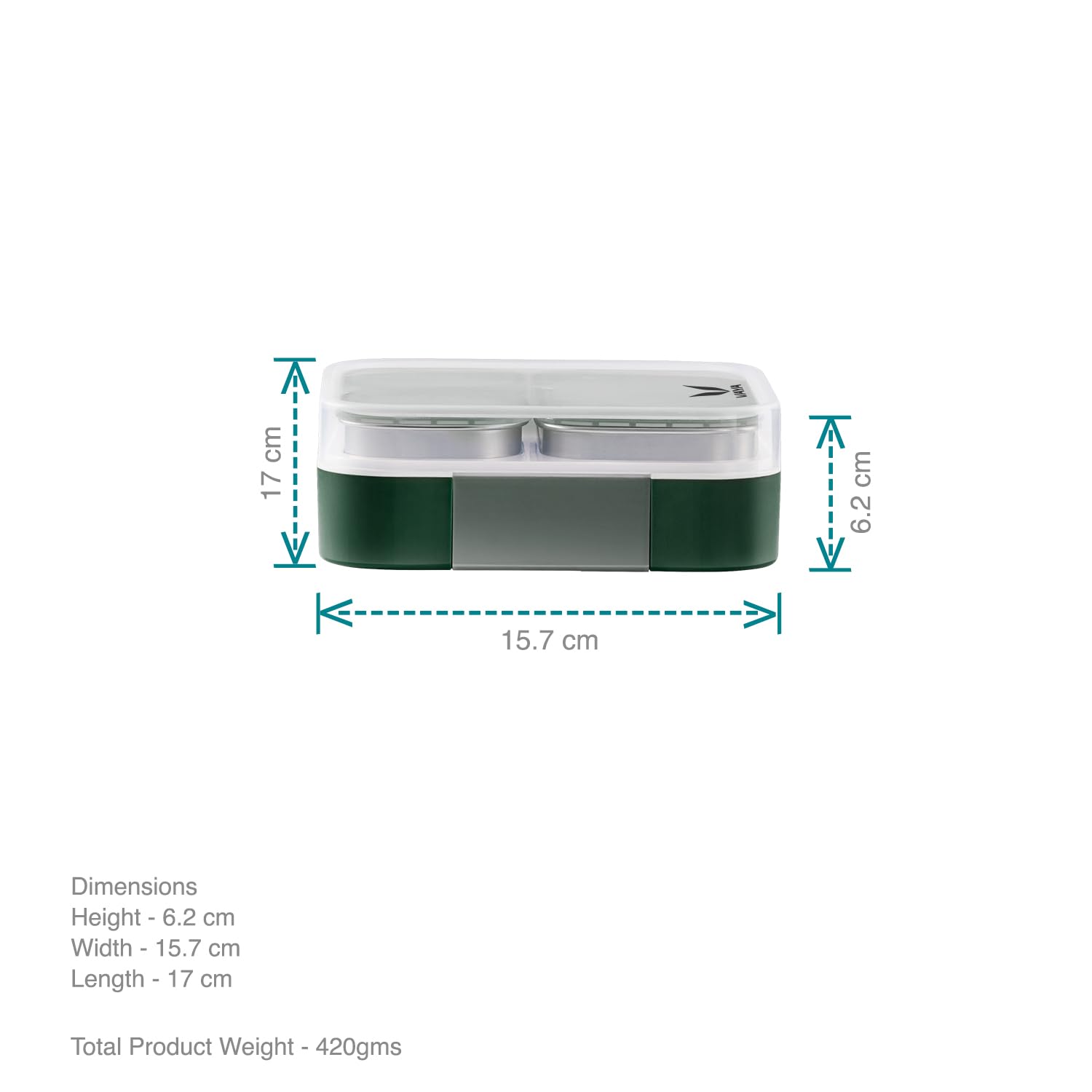 Compact VAYA lunch box showcasing portioned meals in its compartments.
