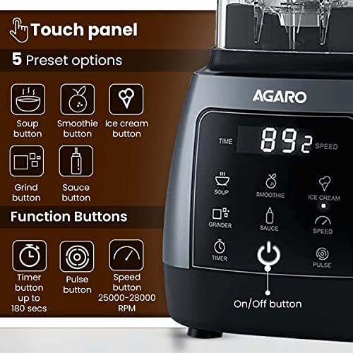 AGARO Royal Professional Blender/Grinder/Mixer, 2000W, 5 Preset Function, Commercial heavy duty blender, High Power & Speed Blender, 9 Speed Settings, Pulse & Timer, 2L & 600ml Small Grinding Jar