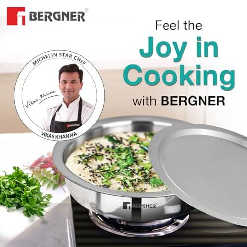 Bergner Argent TriPly Stainless Steel 24 cm Kadai with Lid, featured with chef Vikas Khanna, promoting efficient cooking.