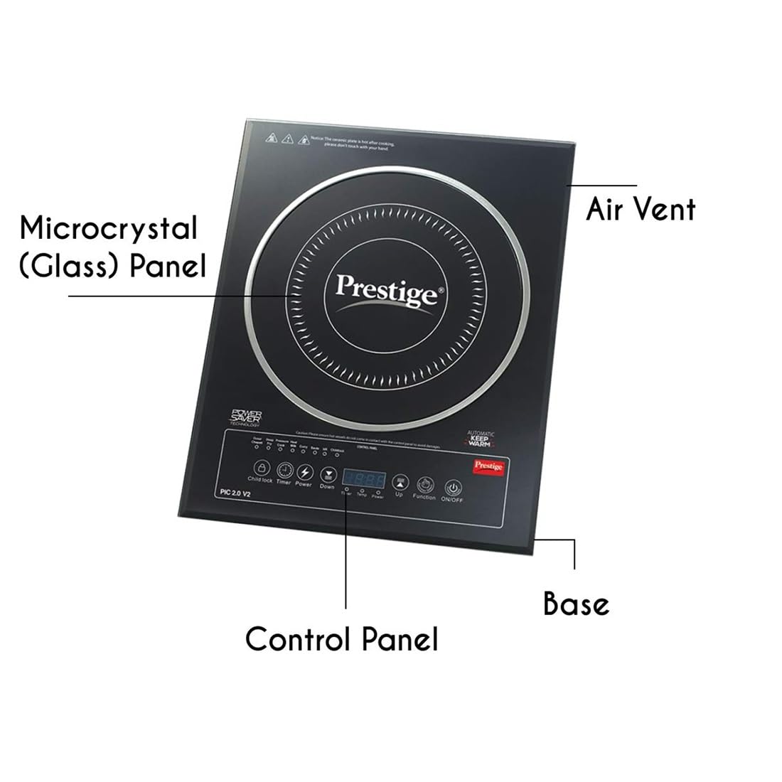 Prestige PIC 2.0 V2 Induction Cooktop Microcrystal Glass Panel Top View with Control Buttons