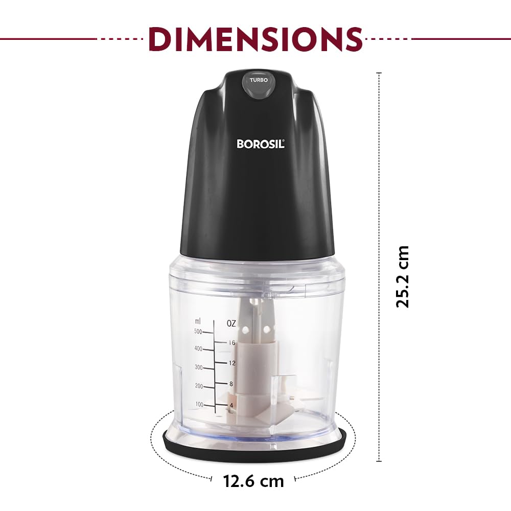 A black BOROSIL electric food chopper with a clear jar filled with chopped vegetables, set on a wooden countertop in a kitchen environment.