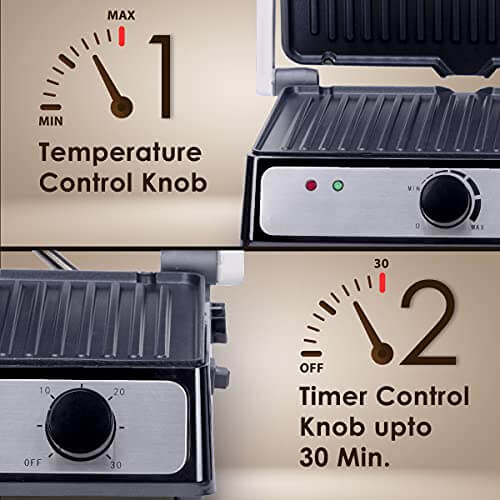 Temperature and timer control knobs on a grill with labels indicating their functions.