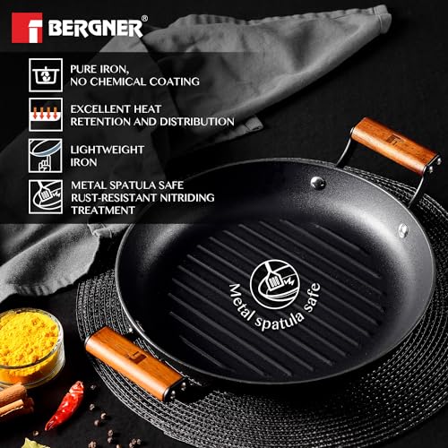 BERGNER Odin 28 cm Cast Iron Grill Plate, Round Grilled Plate with Wooden Coated Handle