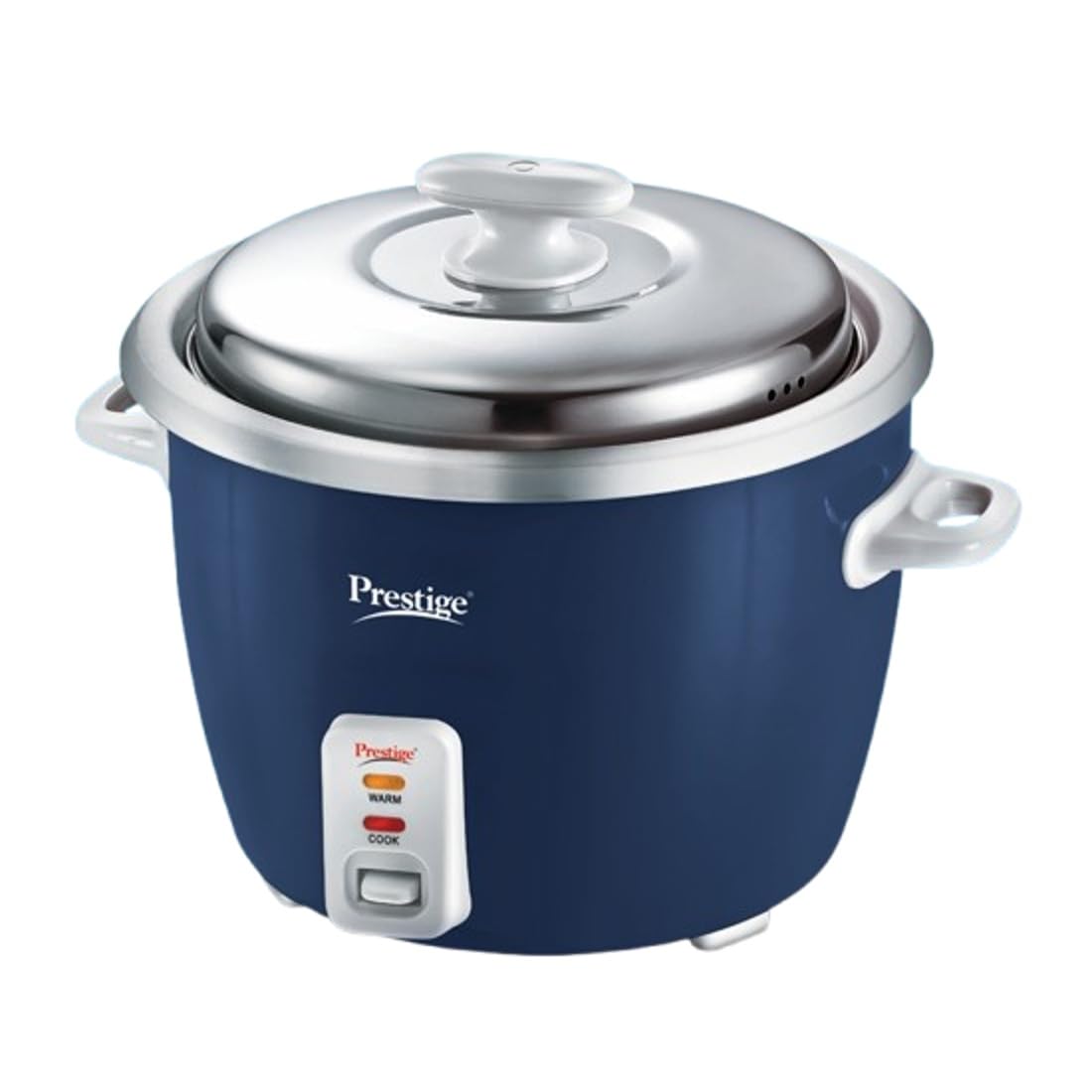 Prestige Cute 1.0-2 SS 400W electric rice cooker in blue and silver with stainless steel lid and cool touch handles