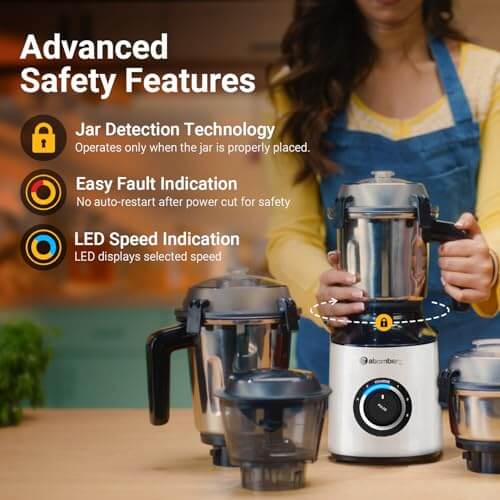 Atomberg Zenova mixer grinder with advanced safety features: jar detection, fault indication, and LED speed display.