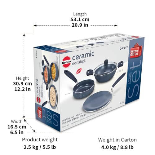 Hawkins Ceramic Nonstick 3-Piece Kitchen Gift Set - Deep Kadhai, Frying Pan, Tava