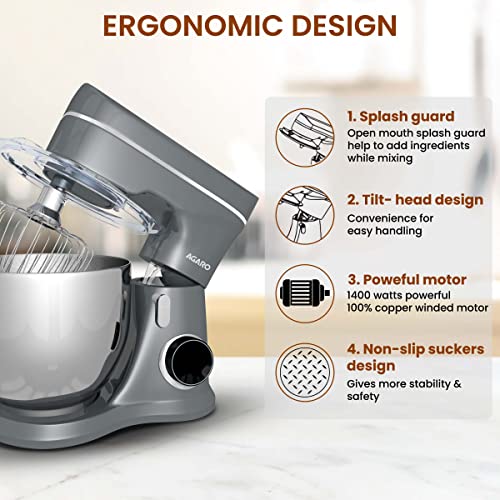 AGARO Elegant Stand Mixer, 1400W with 5.5L SS Bowl, 10 Speed Settings, Pulse Function, 100% Copper Motor, Includes Whisker, Beater, Dough Hook, Dark Grey