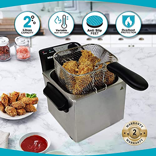 AGARO Marvel 1700-Watt Deep Fryer with 2-Litre Capacity & 3 Temperature Settings, Deep Fat Fryer (Silver)