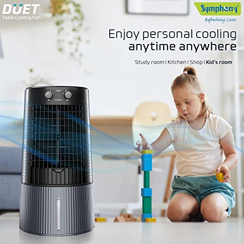 Symphony Duet Personal Tower Cooling Fan For Home and Office with Honeycomb Pad, Powerful Blower, Auto Rotation and Low Power Consumption (6L, Grey)