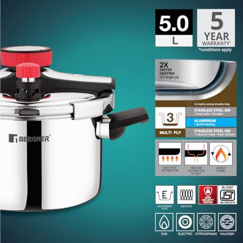Durable 5 litre triply stainless steel pressure cooker suitable for all cooktops