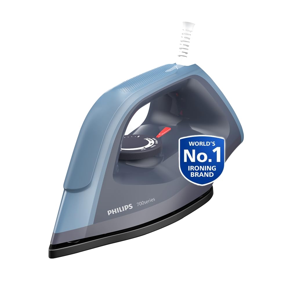 Philips DST0700/00 heavy weight dry iron in teal blue, front three-quarter view