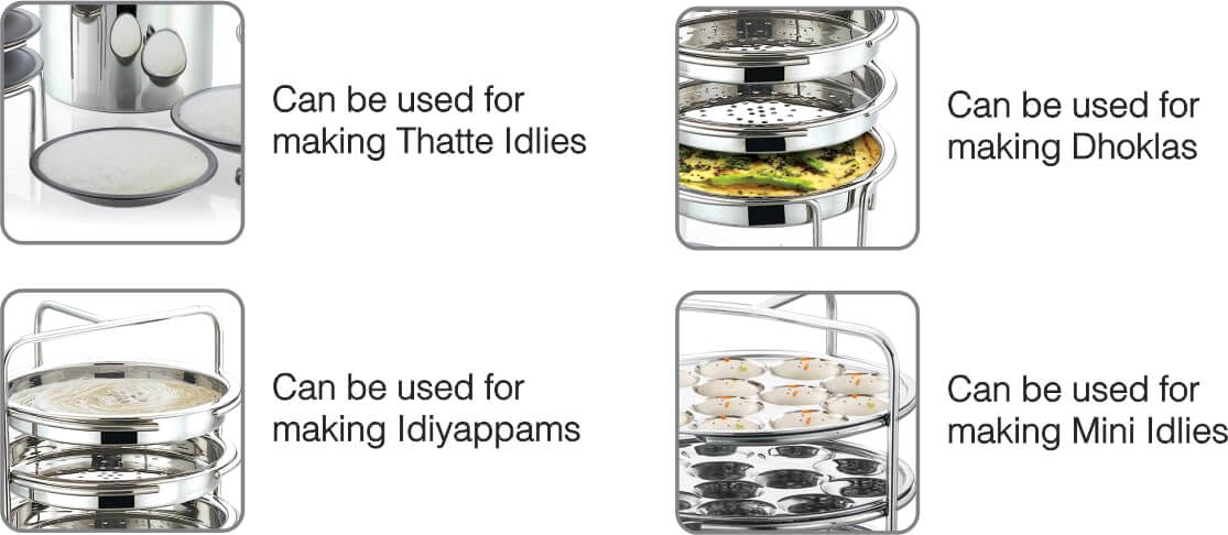 Features of JVL stainless steel idly maker set for making Thatte Idlies, Dhoklas, Idiyappams, and Mini Idlies.