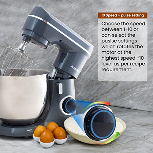 AGARO Elegant Stand Mixer, 1400W with 5.5L SS Bowl, 10 Speed Settings, Pulse Function, 100% Copper Motor, Includes Whisker, Beater, Dough Hook, Dark Grey