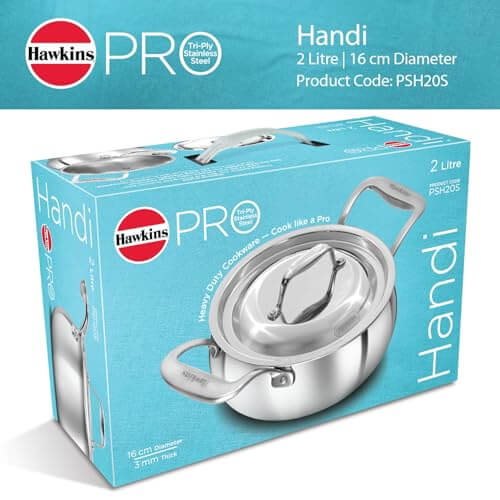 Hawkins Pro PSH20S 2-liter cooking handi displaying tri-ply construction