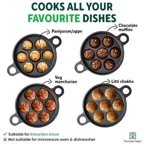 Indus Valley cast iron paniyaram pan with six perfectly cooked paniyaram, showcasing its non-stick properties.