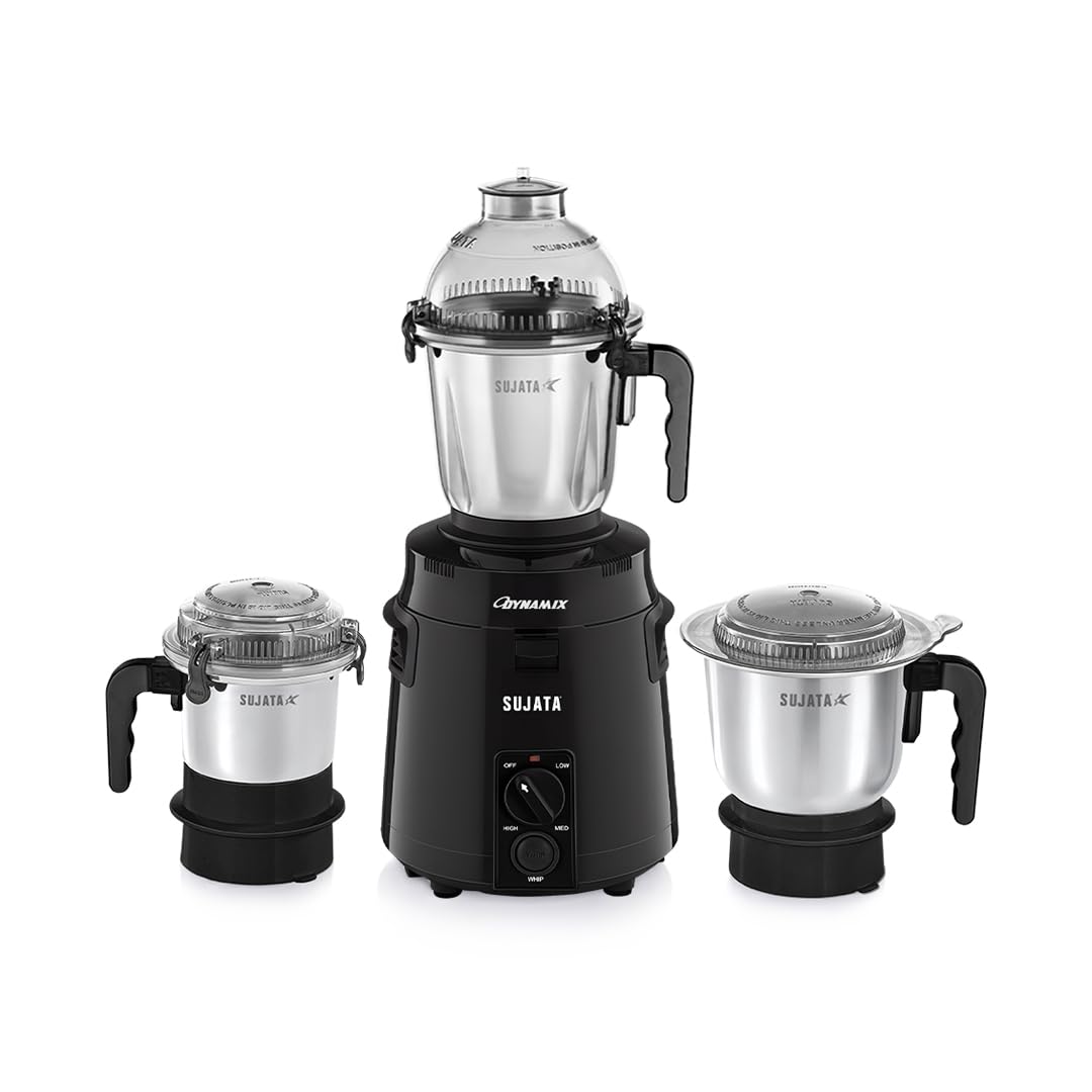 Sujata Dynamix 900W mixer grinder in black with 1.5L dome jar, 1L grinding jar and 500ml chutney jar