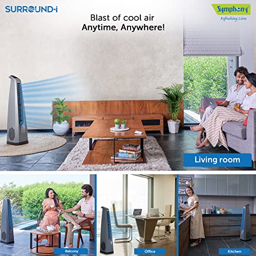 Symphony Surround-i High Speed Bladeless Technology Tower Fan for Home With Touchscreen Control Panel, Remote, and Swivel Action (Grey)