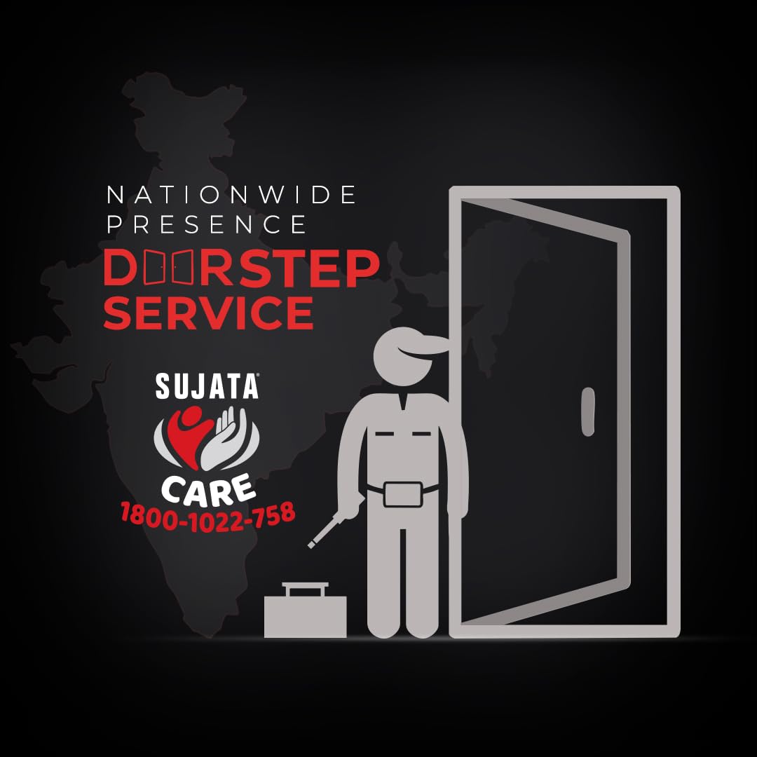 Advertisement for doorstep service for sujata mixer grinder with a a person and an open door on a dark background.