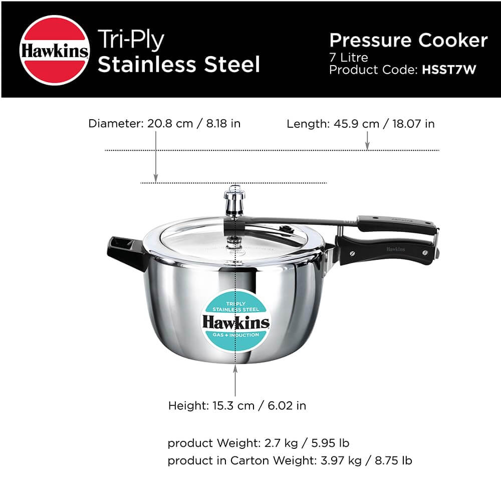 Hawkins Triply Stainless Steel Pressure Cooker - Inner Lid, Induction Compatible with 3mm Extra-Thick Base