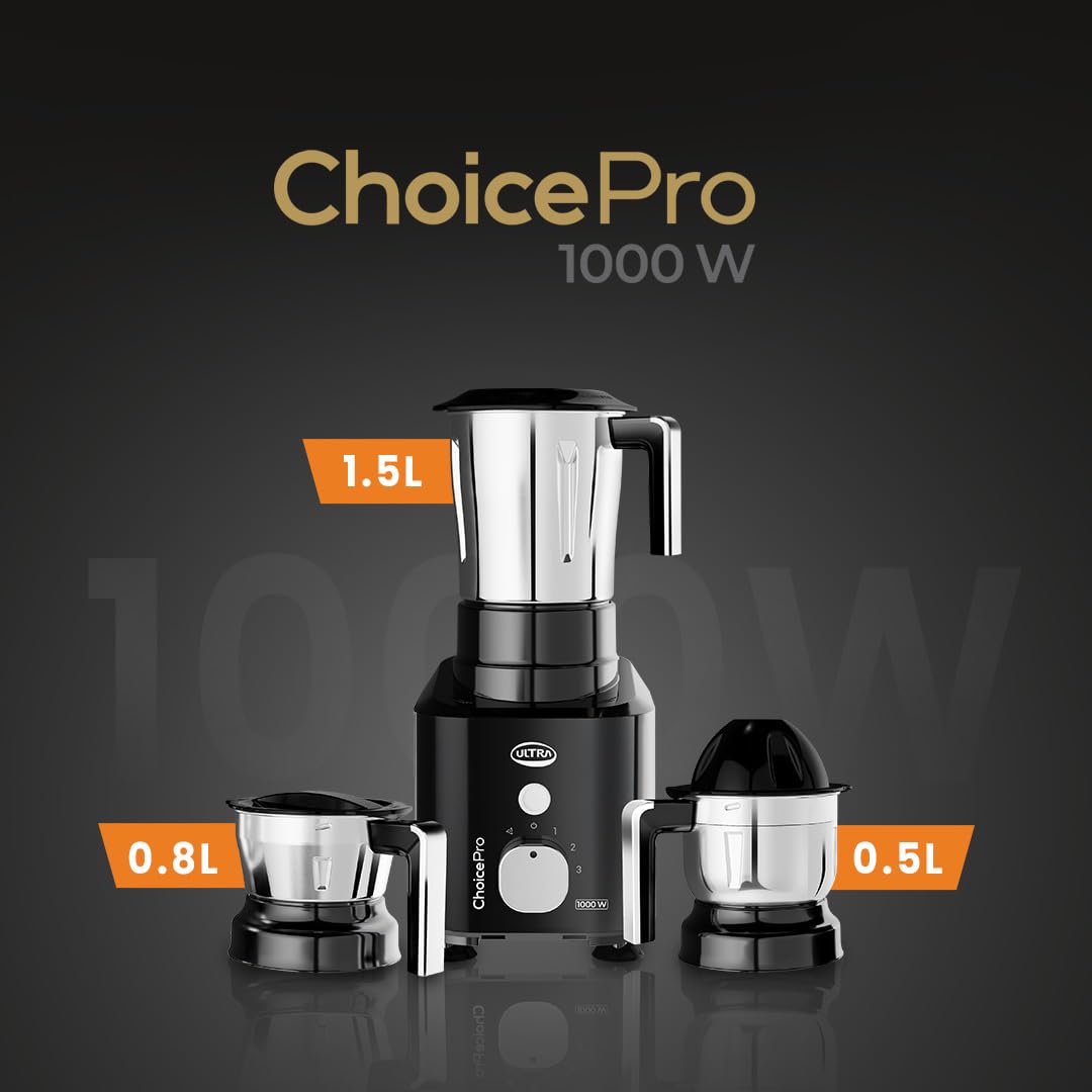 Ultra Choice Pro mixer grinder 1000W motor showing three jar sizes for Indian cooking